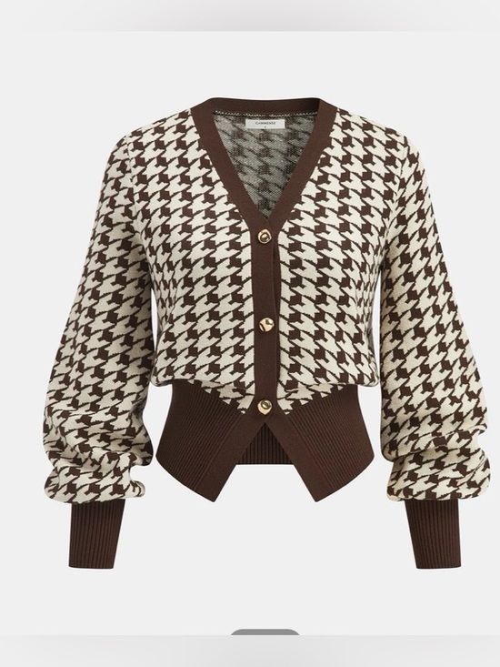 Commense Sweaters - Commense Brown & Cream Houndstooth puff sleeve cropped knit Cardigan
